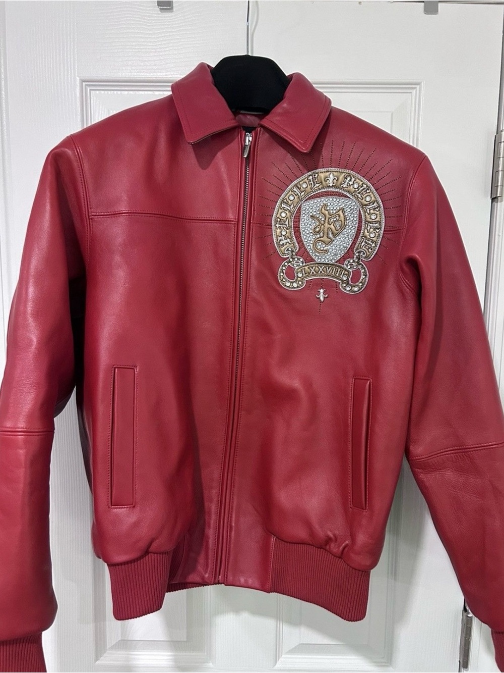 Pelle Pelle Red Immortal Leather Bomber Jacket with Embroidered Crest